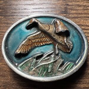 Vintage 1984 Bergamot Brass Works Flying Duck Green Enamel Belt Buckle D143 USA